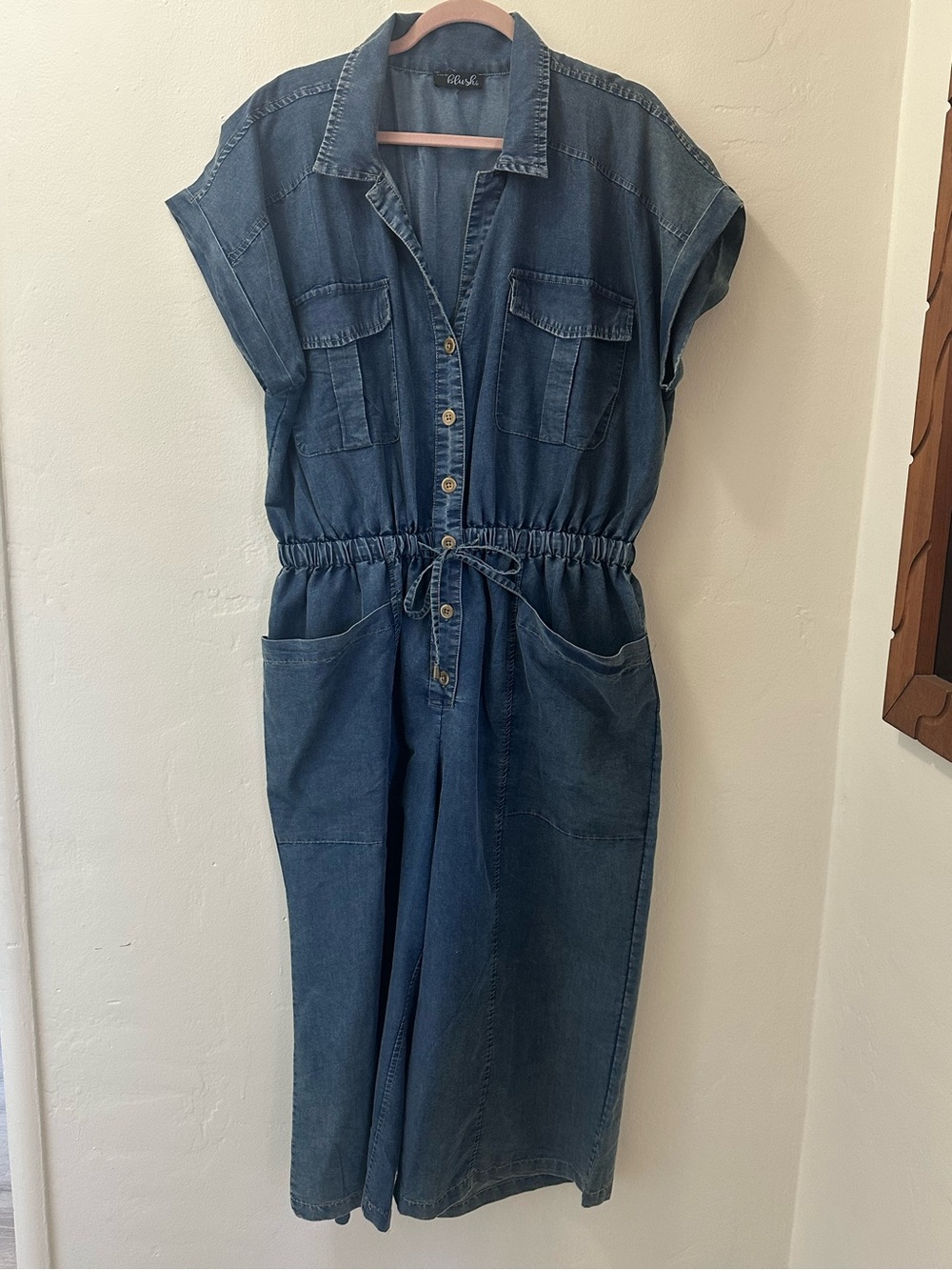 Blush Denim Button-Front Jumpsuit in Blue